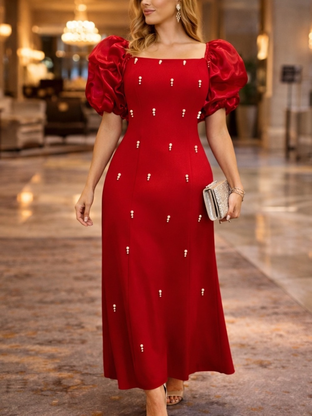 Lolacat Evening Red Maxi Dress with Faux Pearls NWT Size Large